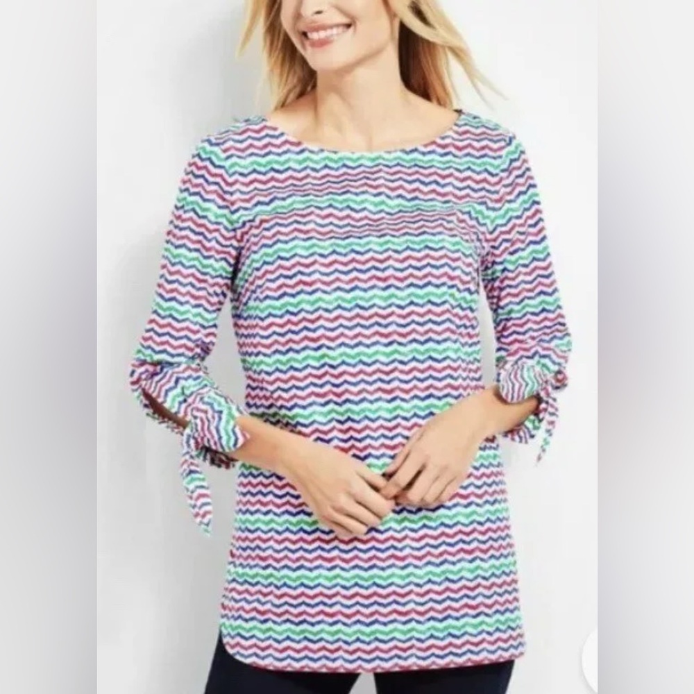 Talbots Top large Whale Tail Wavy Print Multicolor 3/4 Sleeve Cotton Popover